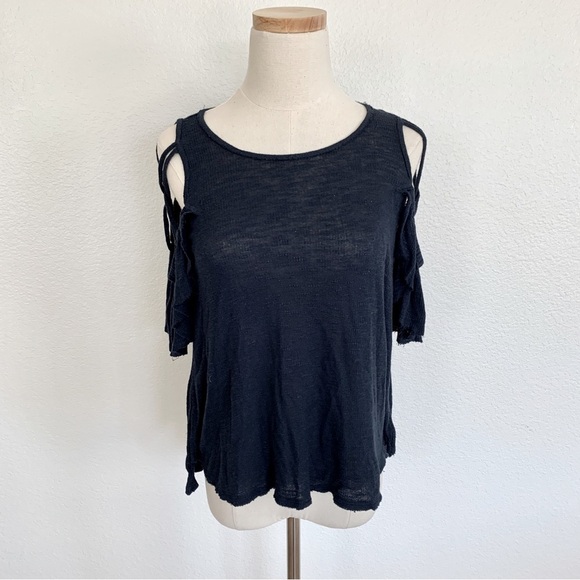 Free People Navy Blue Strappy Shoulder Raw Hem Ruffle Ribbed Tee T-Shirt Top - Picture 4 of 9